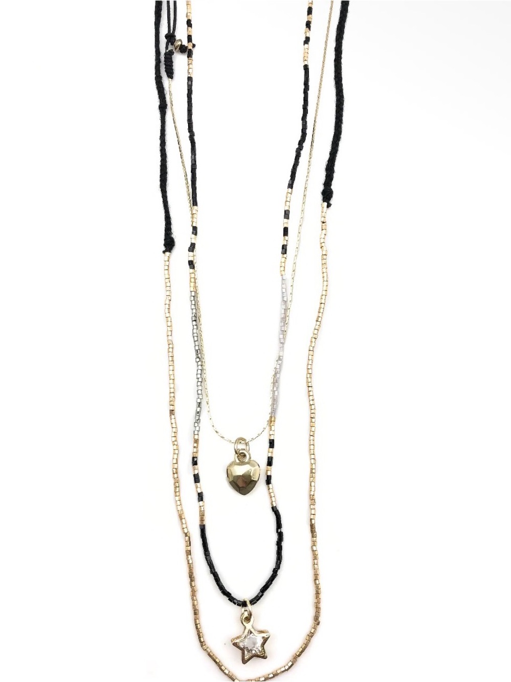 Gold and Black Layered Heart & Star 3 Necklace Set